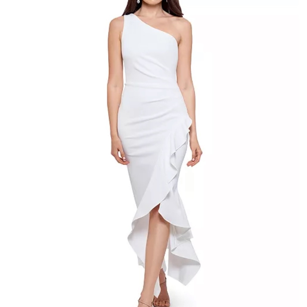 Xscape Ruffle One Shoulder Gown White Dress